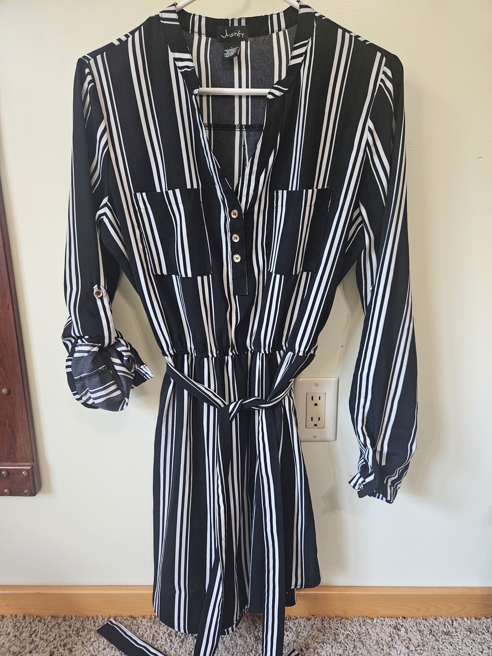 Justify Black and White Striped Asymmetrical Shirt Dress